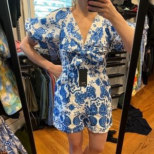 Blue and White puff sleeve Romper